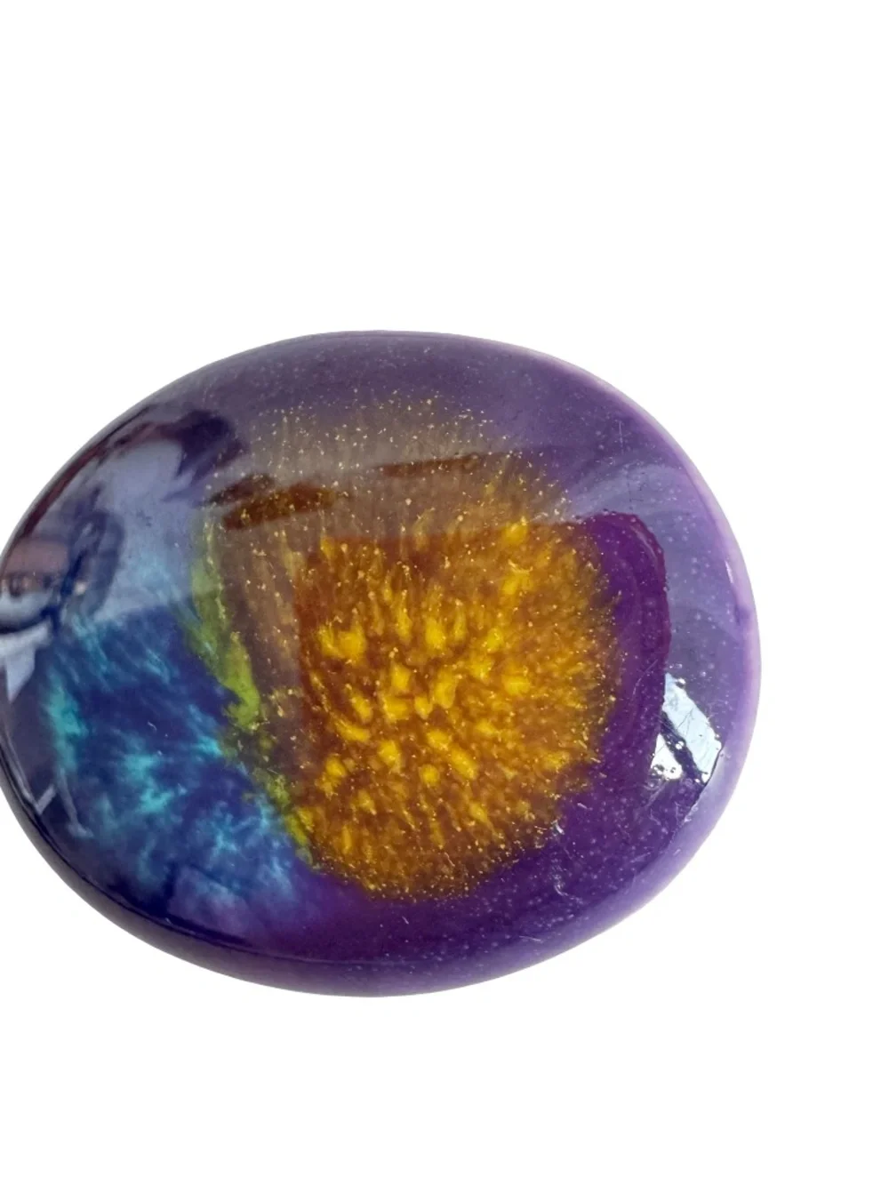 Vintage Oval Porcelain Brooch Blue Yellow Burst Ceramic Art Pin Abstract Retro